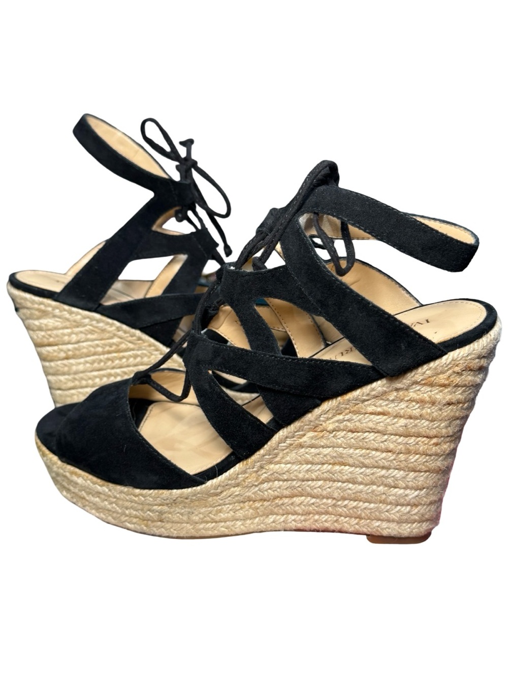 Ivanka Trump Black Suede Lace-Up Espadrille Wedges‎